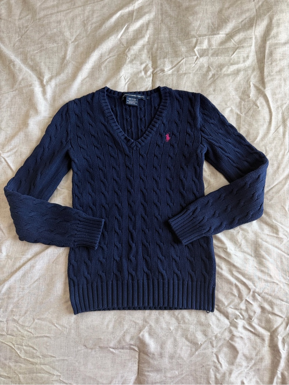 Ralph Lauren Sport Navy Cable Knit V-Neck Sweater (S)